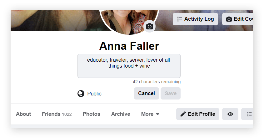 Your Facebook "bio" is the short, customizable, snippet that appears just below your name.
